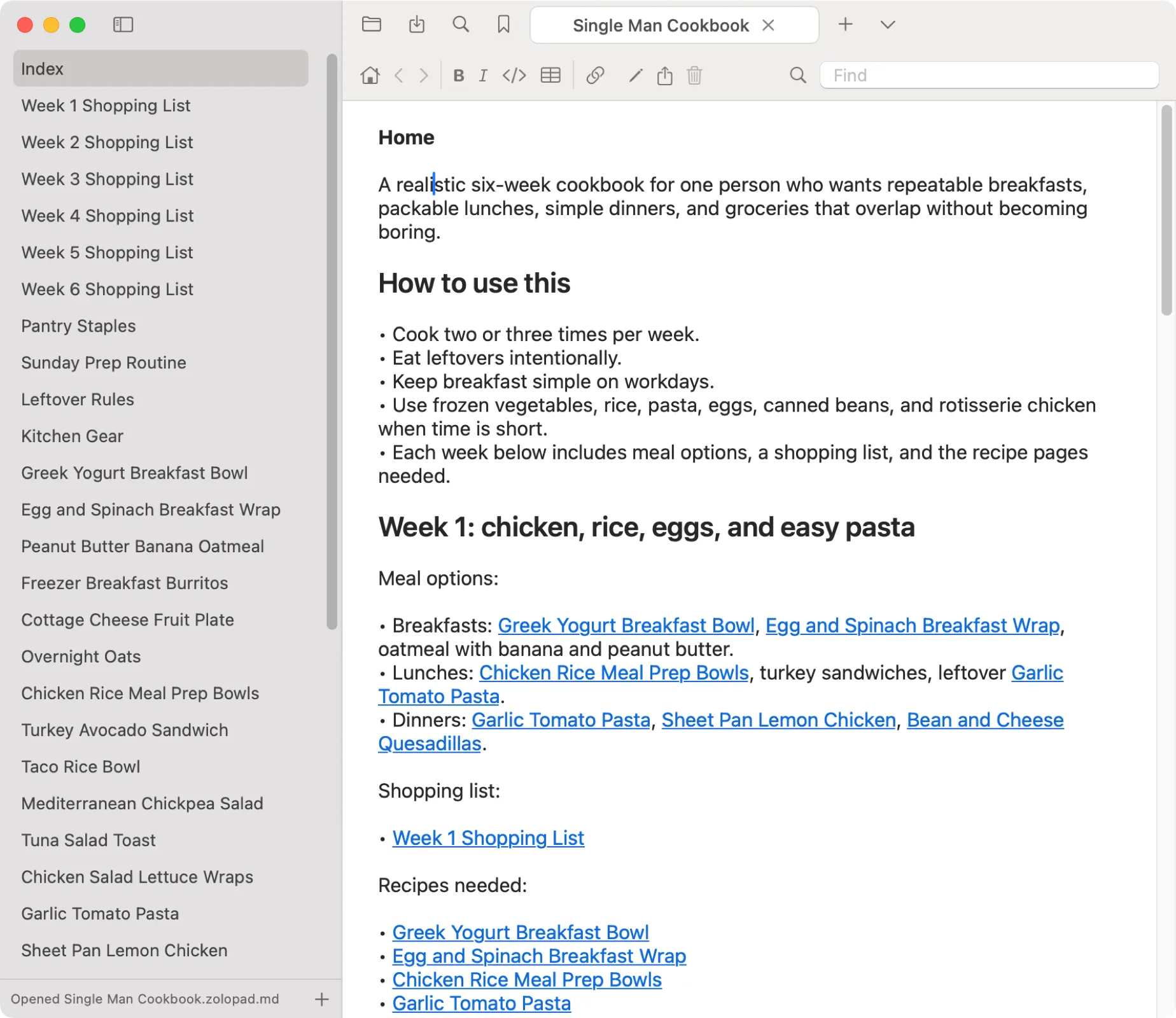 Zolo Pad showing a local wiki notebook with linked cookbook pages.